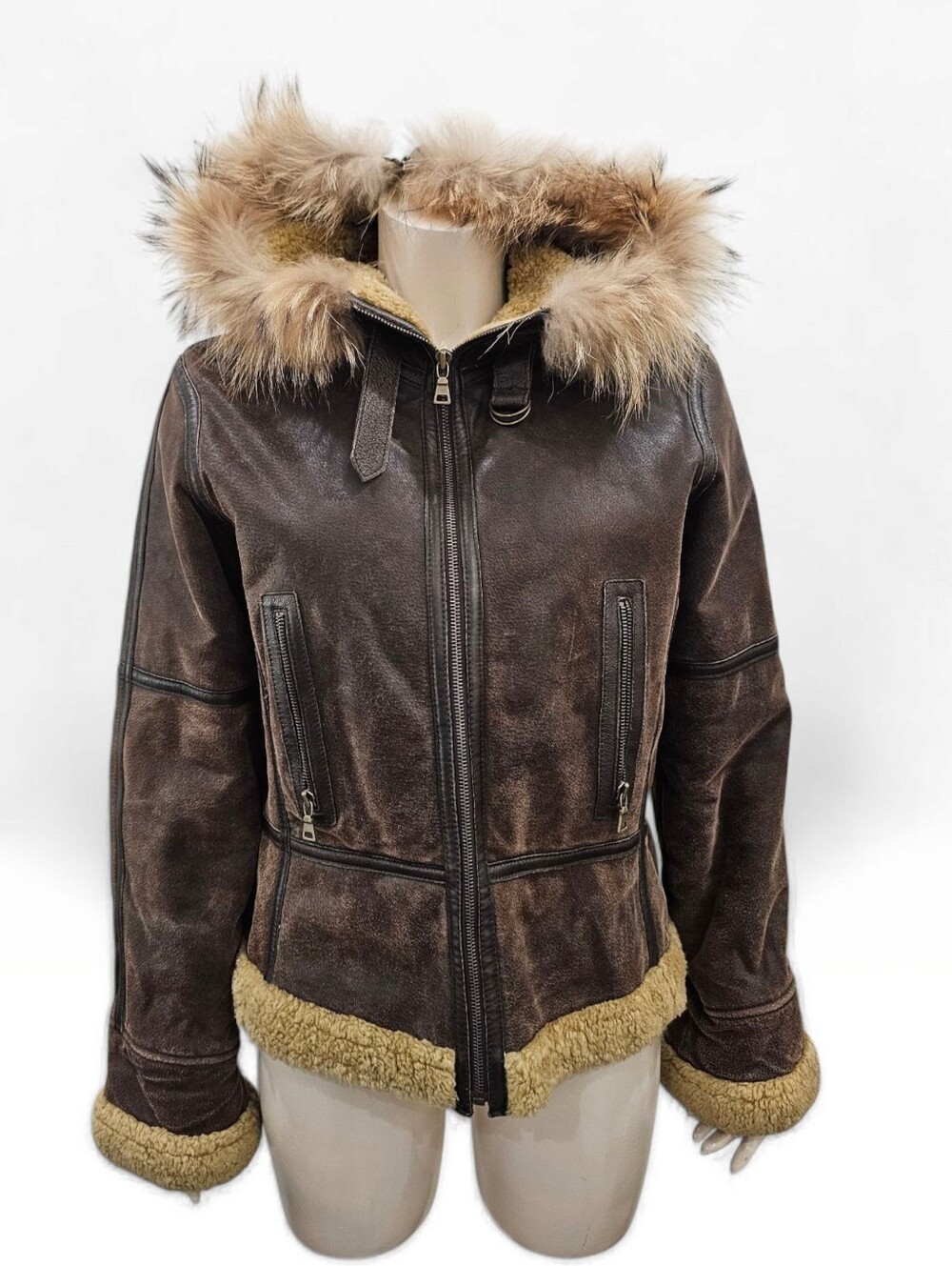A.N.A Women Real Leather Brown Distressed Bomber Faux Shearling Hooded Jacket L